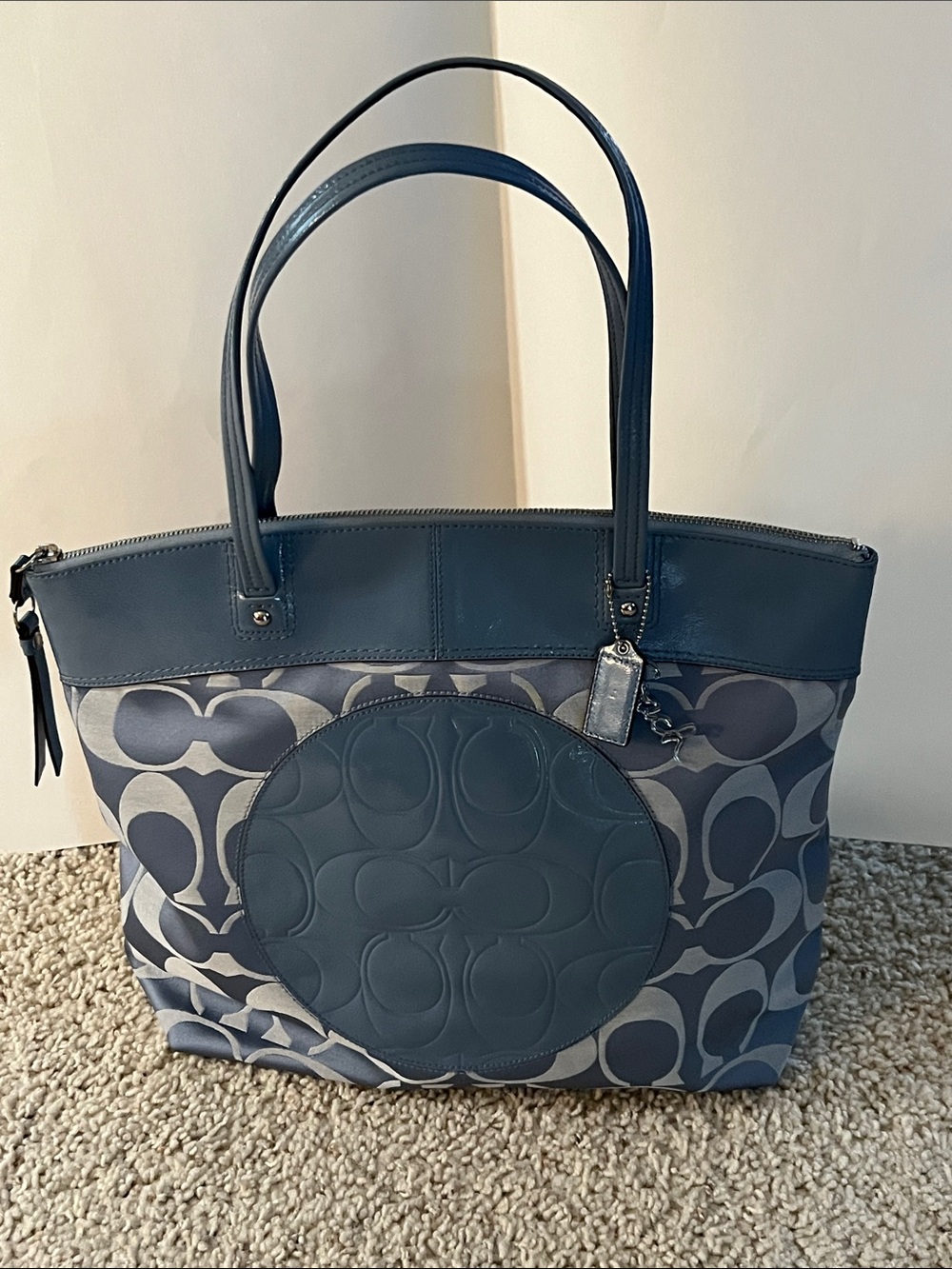 Coach Blue Signature Canvas Tote with Leather Trim